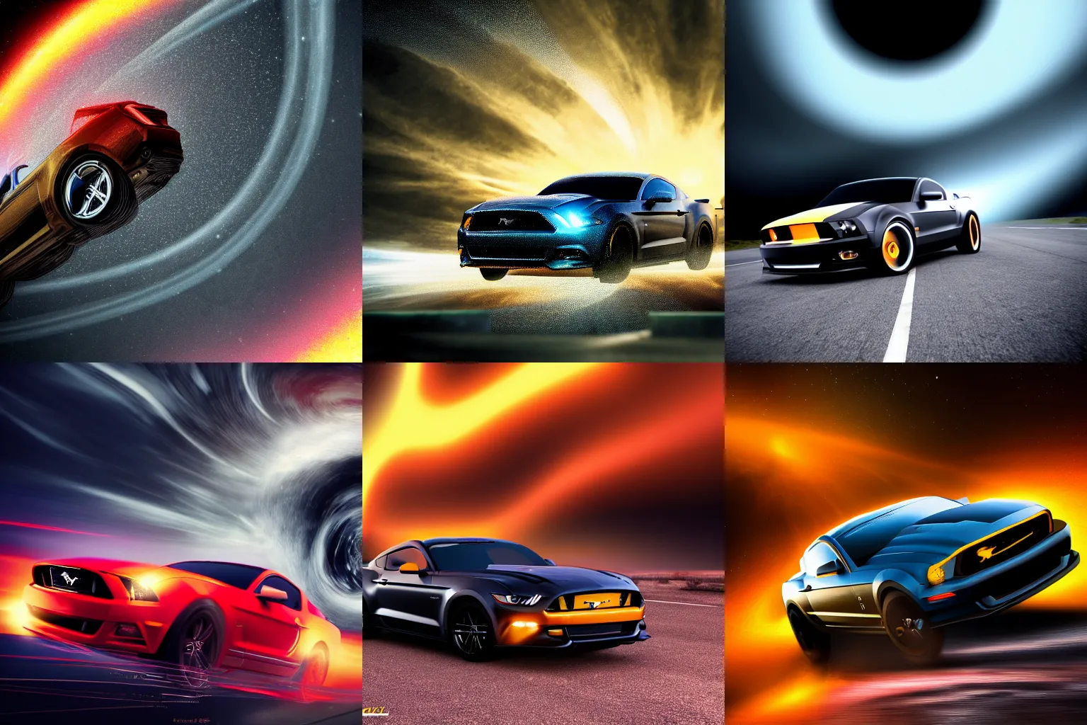 Prompt: a mustang driving onto a black hole, motion, motion blur, in motion, slow shutter, golden ratio, cinematic, trending on artstation, deviantart and cgsociety, 8k, high resolution, hdr, proffesional,