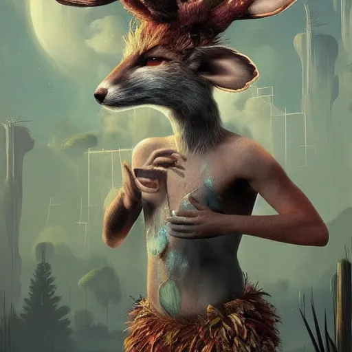 Prompt: Shamanpunk Fox Faun Portrait furry ears snout collar neck paws Antlers wearing a silken leotard ASPCA National Geographic Wikipedia Demiurge pet adoption quill splatterpaint 4k artstation unreal engine render simon stalenhag robert rauschenberg giorgio de chirico greg rutkowski