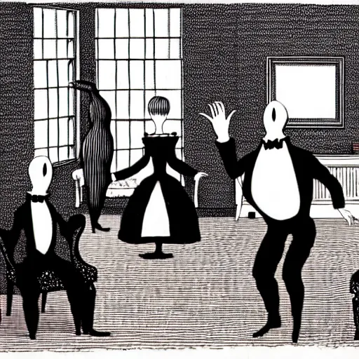 Image similar to Edward Gorey illustration of a victorian living room with costumed people dancing