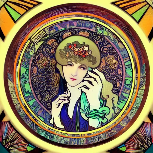 Image similar to trippy vinyl record picture disk designed by mucha, art nouveau style