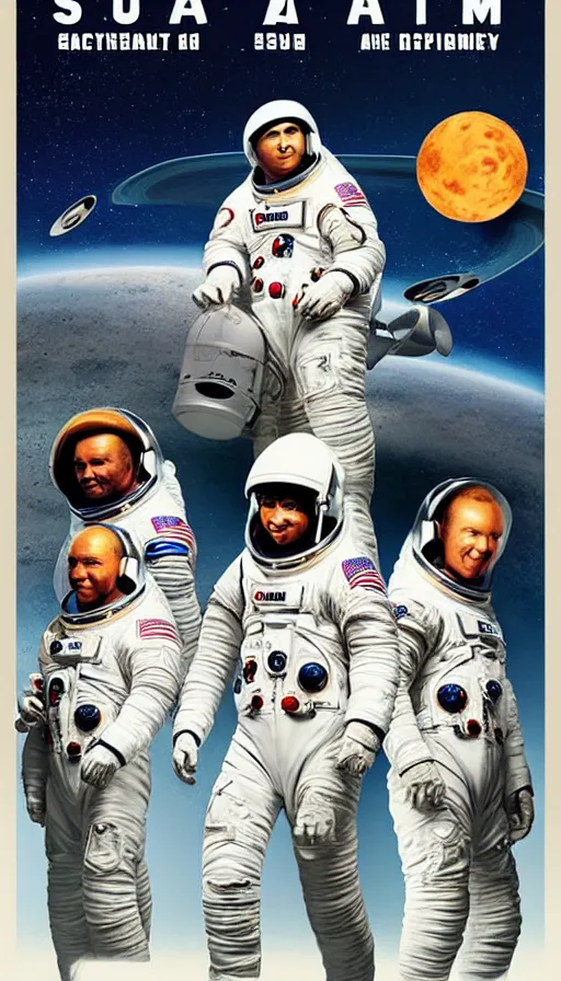 Image similar to movie poster of astronauts, saturn, highly detailed, hyper realistic, large text, fifth element style