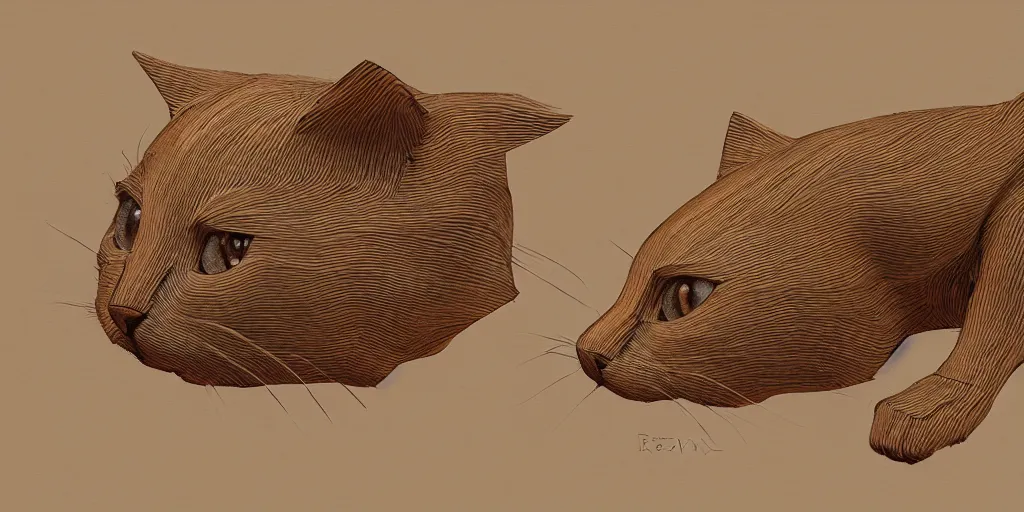 Image similar to wooden cat design, design sheet, Moebius, Greg Rutkowski, Zabrocki, Karlkka, Jayison Devadas, Phuoc Quan, trending on Artstation, 8K, ultra wide angle, zenith view, pincushion lens effect.