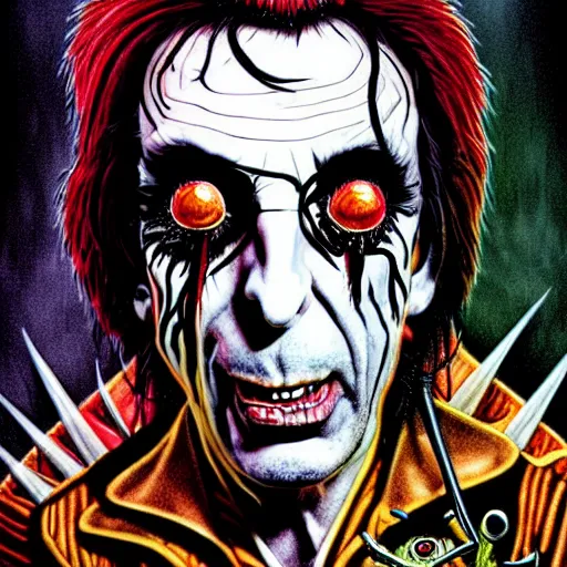 Prompt: graphic illustration, creative design, alice cooper as satan, biopunk, francis bacon, highly detailed, hunter s thompson, concept art