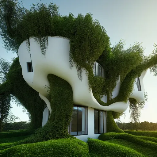 Prompt: house suspended by vines from a giant tree, forest house surrounded by massive willow trees and vines, white exterior facade, in full frame,, exterior view, twisted house, 3 d printed canopy, clay, earth architecture, cavelike interiors, convoluted spaces, hyper realistic, photorealism, octane render, unreal engine, 4 k