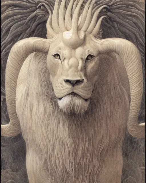 Image similar to a creature with the body and eyes of a man, with the beak of an eagle, the mane of a lion, and the horns of an ox by jean delville