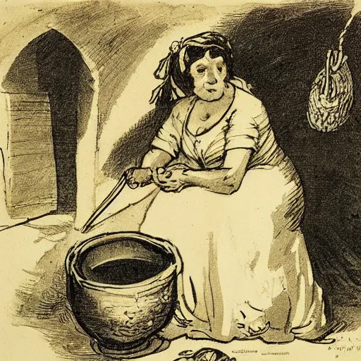 Image similar to A witch making potions in her cauldron. By Francisco de Goya.