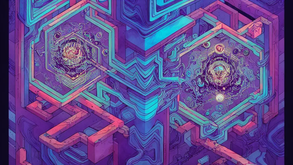 Image similar to arcane twisted turn of fate abstraction, centered award winning ink pen illustration, isometric abstract illustration by dan mumford, edited by craola, technical drawing by beeple and tooth wu, tiny details by artgerm and watercolor girl, symmetrically isometrically centered