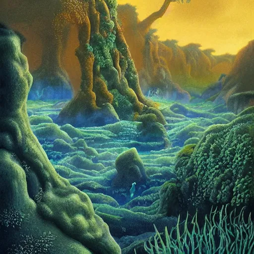 Image similar to artistic digital artwork of a lush natural scene on an alien planet. beautiful landscape by lurid ( 2 0 2 2 ), michael whelan and remedios varo. weird vegetation. cliffs and water. grainy and rough. interesting pastel colour palette. beautiful light. oil and water colour based on high quality render.