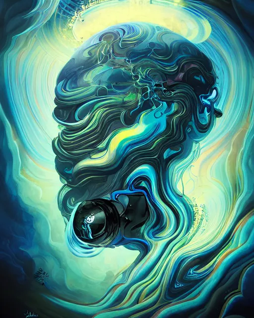 Prompt: robot head cloudy artificial consciousness, delirium, chaotic storm of twisting liquid smoke, by james jean, peter mohrbacher, anato finnstark, swirling fluid smokey enigma, radiant light