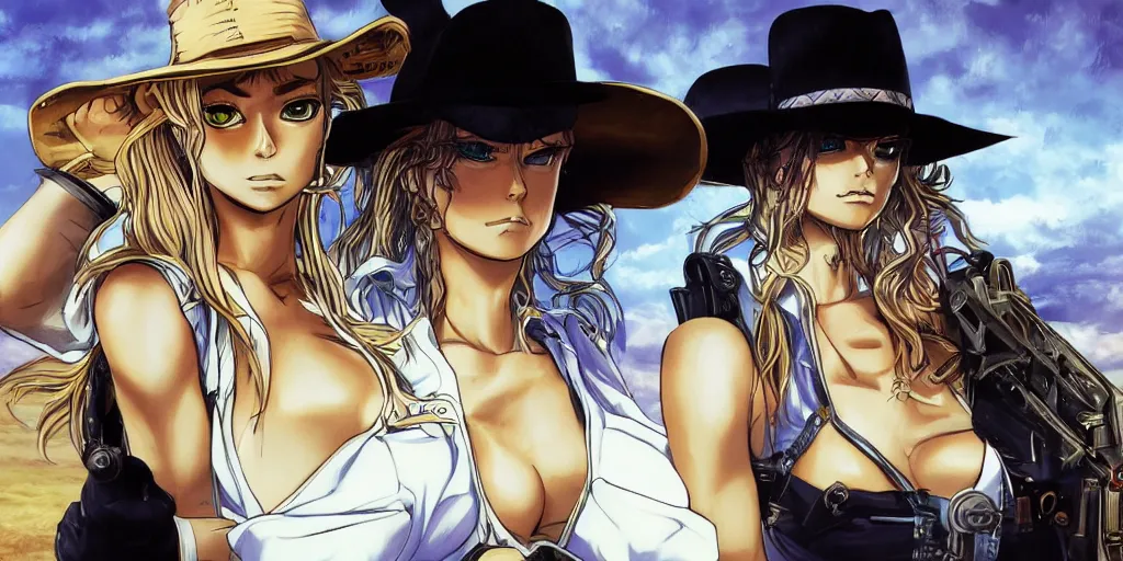 Prompt: portrait, complexity, global lighting, detail, ultra sharpness, beautiful female sheriff body from games yoshihiro togashi style, big eyes, plump lips, a gunshot, global lighting, western saloon theme, detailed faces, blank faces, style yoshihiro togashi style.