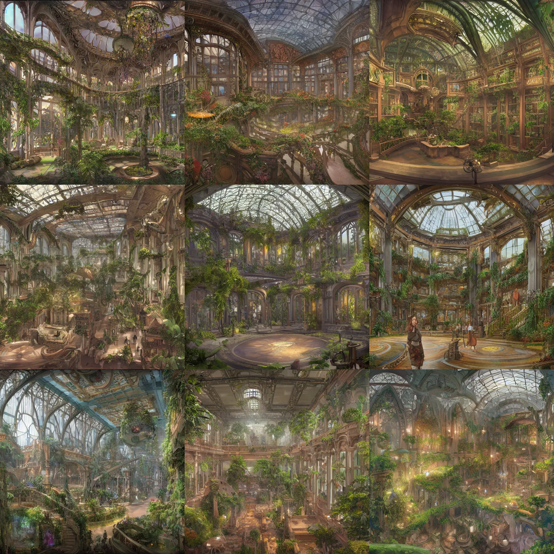 Prompt: Matte painting of the interior view of giant botanical museum. ArtNouveau Aetherpunk Kaladesh. Fantastical, detailed digital art trending in artstation