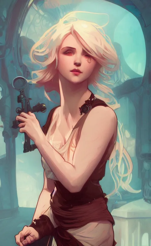 Prompt: Ciri, ambient lighting, 4k, alphonse mucha, lois van baarle, ilya kuvshinov, rossdraws, artstation