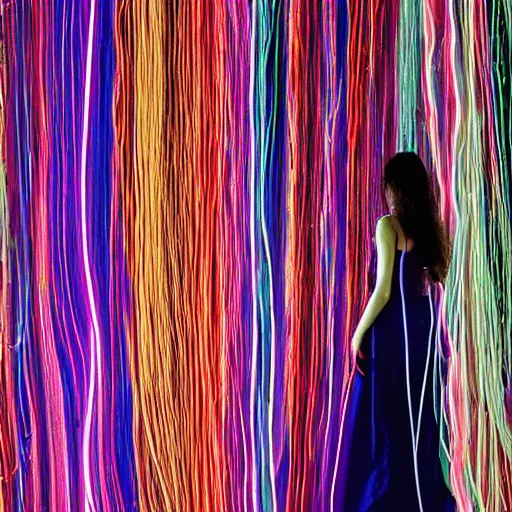 Prompt: woman in a long, flowing dress made of multi-colored wires and cables on a dark, misty night