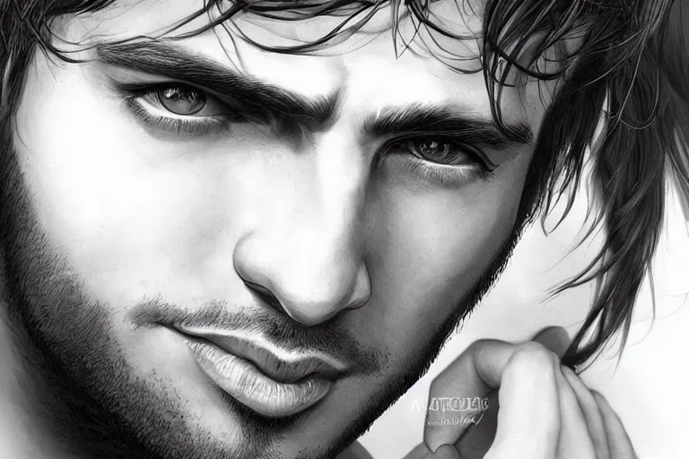 Prompt: a handsome frenchman portrait, character, stunning closeupheadshot, stunning hazel eyes, in the style of artgerm, wlop, alexis