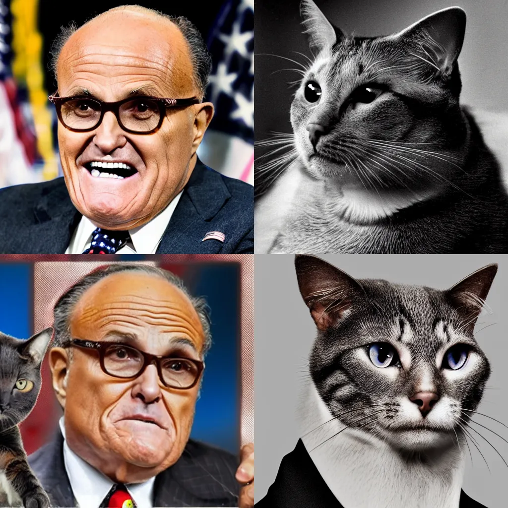 Prompt: Photo of Rudy Giuliani as a cat, extra greasy, oily sheen, putrid, 4k, high detail