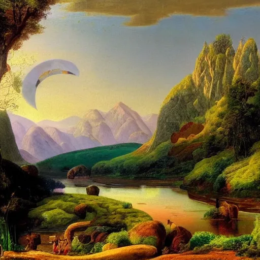 Image similar to A beautiful land art of a landscape. It is a stylized and colorful view of an idyllic, dreamlike world with rolling hills, peaceful looking animals, and a flowing river. The scene looks like it could be from another planet, or perhaps a fairy tale. close-up by Augustus Edwin Mulready unified, doom