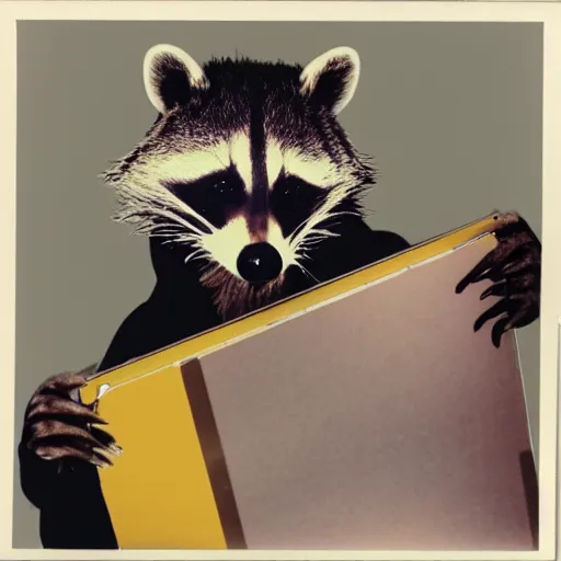 Prompt: close - up, photo of a anthropomorphic raccoon wearing a hoodie, holding a vinyl record, 8 0 - s fashion, colored, polaroid photo, by warhol,