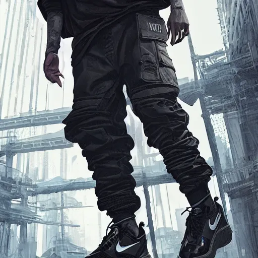 Image similar to A man wearing Acronym J36-S pants and Acronym P30A-DS and black Nike Air Force 1 sneakers, high quality, digital art, dirty cyberpunk city, greg rutkowski