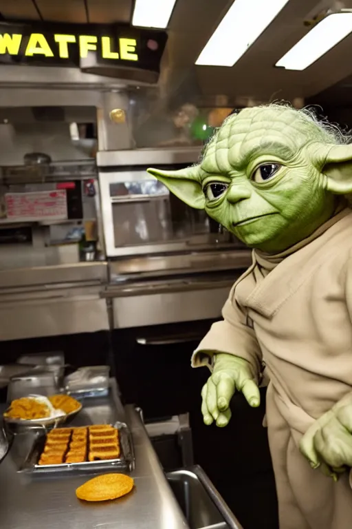 Prompt: yoda as an overweight line cook at waffle house, 3 5 mm, f / 2. 8, flash photography, full length, full resolution