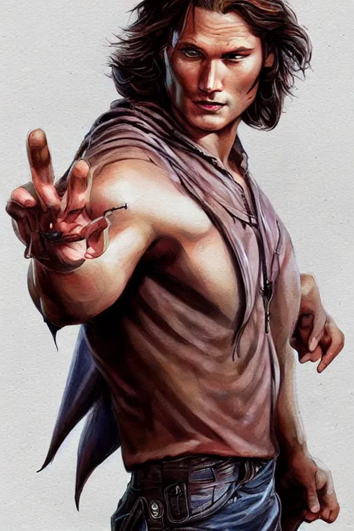 Image similar to front portrait of attractive sam winchester as a supernatural being, d & d!, fantasy style, sharp focus!, ultra detailed, art by artgerm and peter andrew jones, wlop