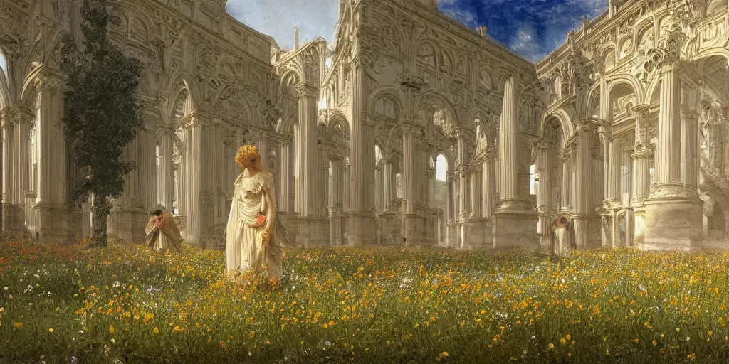 Image similar to a recursive cathedral made of marble within a wildflower meadow at dawn, infinite regress, droste effect, in the style of alma tadema