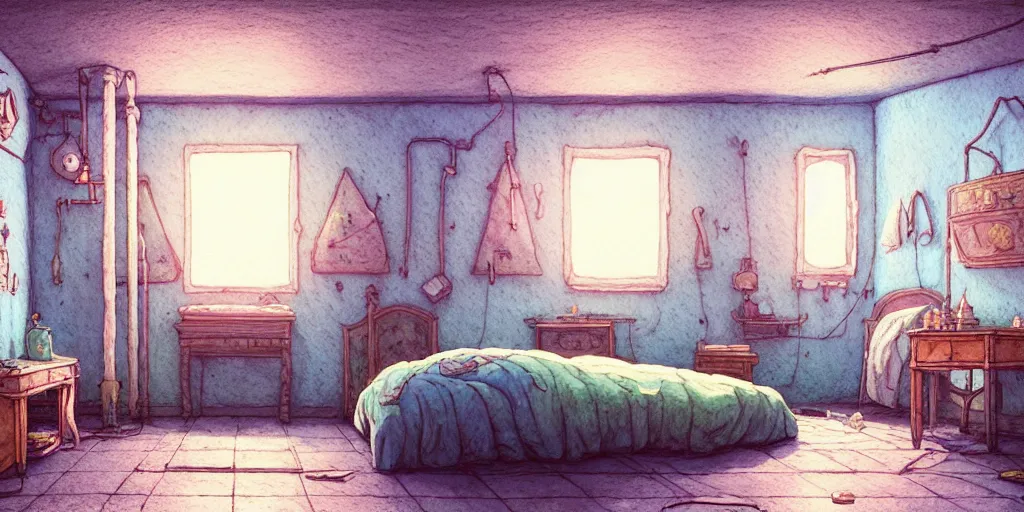 Image similar to room in the sewers, the room is delicate and neat, bed is made, sword rack above the bed, detailed, artstation, 8 k, sci - fi, pastel colors, props, panel, concept, simon stalenhag, in watercolor gouache detailed paintings, moebius, blueprint, building, living room, detailed, posters, sofa