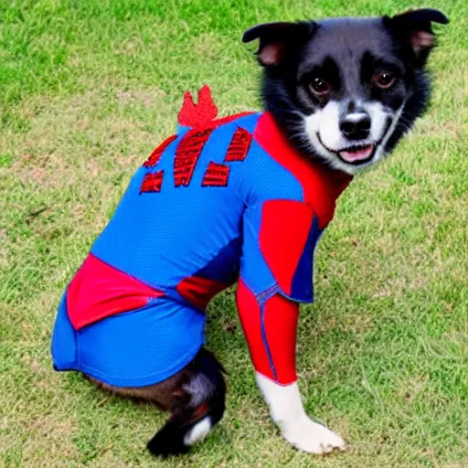 Image similar to dog wearing spiderman suit