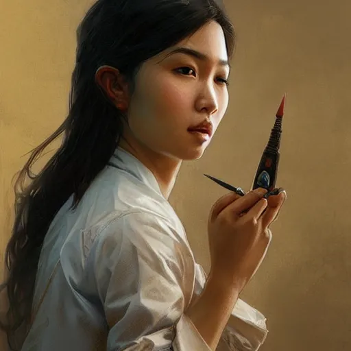 Image similar to A young thai doctor, very detailed face, gorgeous, beautiful, intricate, highly detailed, digital painting, artstation, concept art, sharp focus, illustration, art by greg rutkowski and alphonse mucha