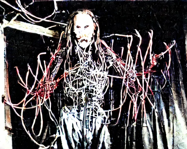 Image similar to el diablo satanas [covered in wires] emerges from a cybercore portal in my disgusting room in the basement, 16 mm