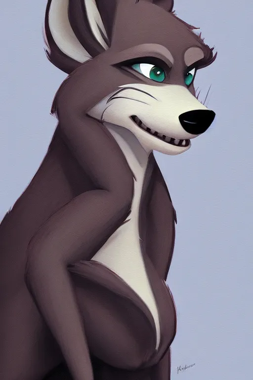 Image similar to oil painting of anthromorphic female wolf, in style of cory loftis, female fursona, furry, furaffinity, 4 k, deviantart, furry art, fursona art, wearing black business suit, business suit, in style of zootopia, wolf fursona, cyberpunk, female, very expressive detailed feminine face,