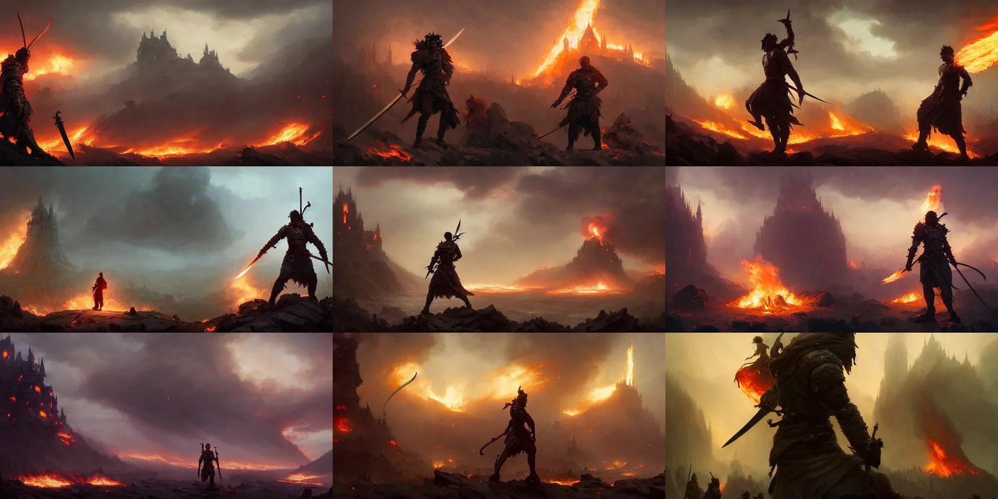 Prompt: male warrior with short hair, sword, fantasy, piles of bodies, fire, smoke clouds, particles, village castle on fire in distance, cinematic lighting, digital illustration, extreme long shot, ruan jia, greg rutkowski, raphael lacoste, wlop, yuumei, marc simonetti, artgerm, tom bagshaw