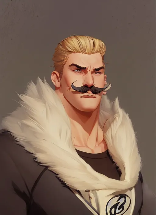 Prompt: massive athlete with a blond mustache, art by studio ghibli and j. c. leyendecker and greg rutkowski and artgerm and ilya kuvshinov, portrait, d & d, fantasy, highly detailed, digital painting, headshot, trending on artstation, concept art, sharp focus, illustration