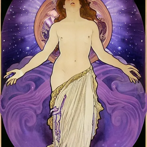 Image similar to heavenly goddess full body statue with sleepy face and beautiful closed eyes and open lips and 2 arms open and 2 legs bending and a curved body wearing torn silk cloth, laying on her back among purple clouds and nebula and starry galaxy dust, splashes into the fabric of the universe, art nouveau by alphonse mucha, black marble, violet gold beige, saturated colors, intricate face detail