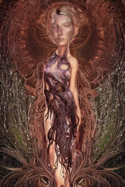 Image similar to a photo of a beautiful ancient alien medusa gorgon woman goddess bella hadid standing in iris van herpen dress jewelery and fractals in style of alphonse mucha art nuvo dmt trending on artstation made in unreal engine 4