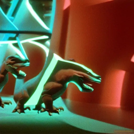 Image similar to baby dinosaurs in tron movie, cinestill