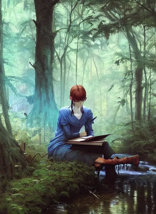 Image similar to computer in the woods by a stream, river gorgeous lighting, lush forest foliage blue sky a hyper realistic painting by chiara bautista and beksinski and norman rockwell and greg rutkowski, tom bagshaw weta studio, and lucasfilm