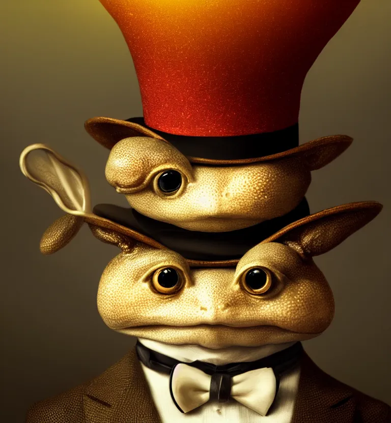 Prompt: Portrait of a humanoid toad with a top-hat and a monocle holding a magical rabbit, luxurious neckless, sunset, warm spring, detailed face, centered close-up, fantasy, anime, vibrant, colorful, depth of field, intricate details, trending on ArtStation, Deviantart, by WLOP