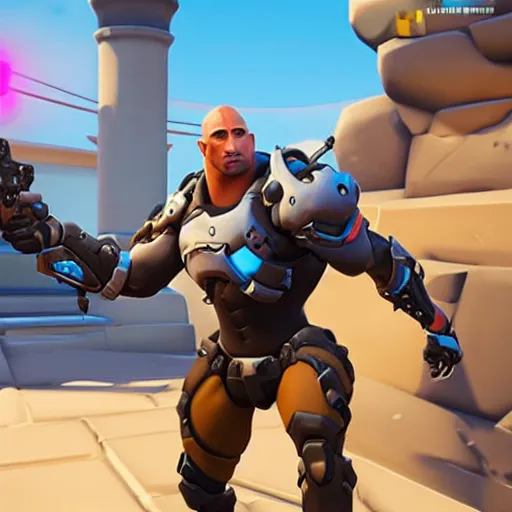 Image similar to screenshot from overwatch dwayne the rock johnson as a fortnite character