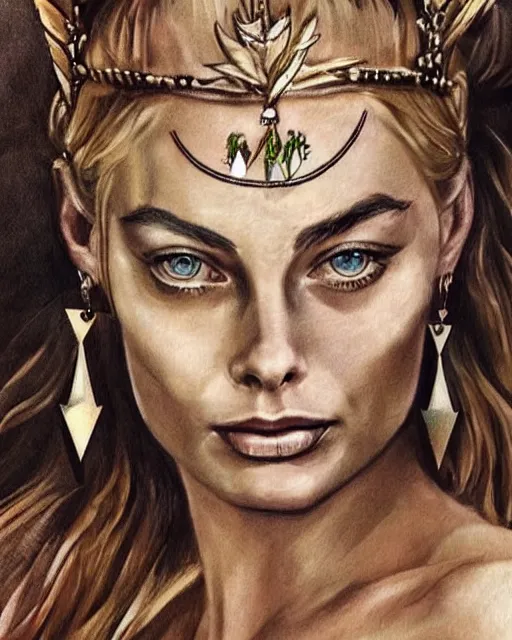 Image similar to realism tattoo sketch of margot robbie as a beautiful greek goddess aphrodite with piercing eyes wearing a laurel wreath and triangle earrings, in the style of greg rutkowski, amazing detail