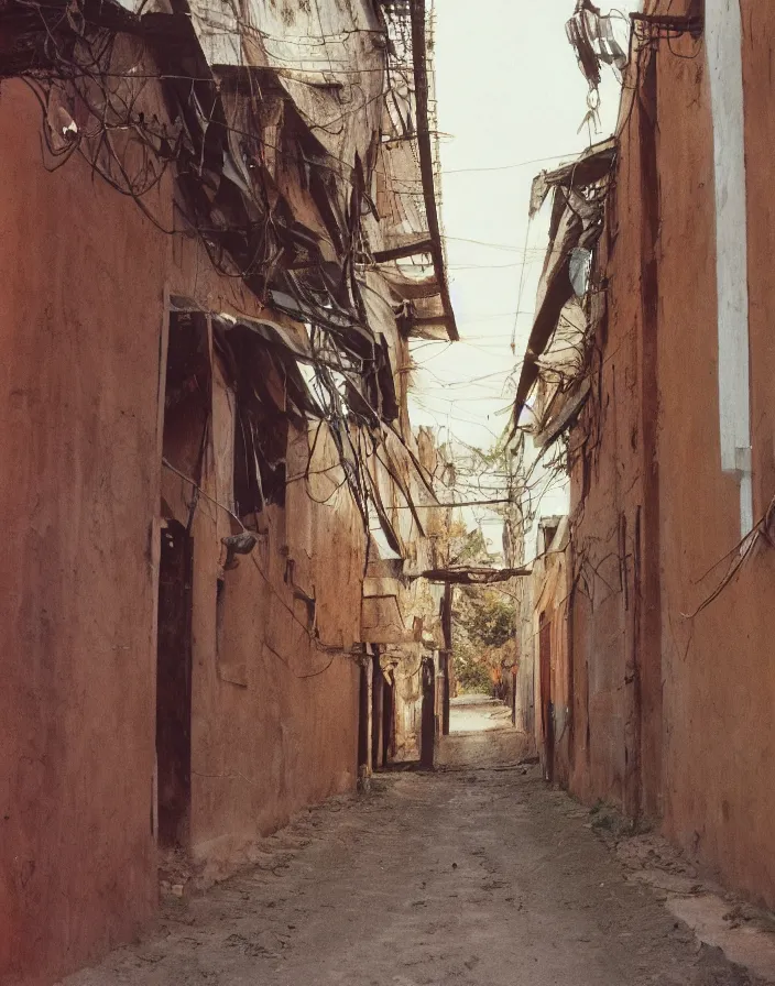 Prompt: vintage color photo of a massive liquid gold sculpture in a south american rural town alley with dirt roads and white walls, analog photography
