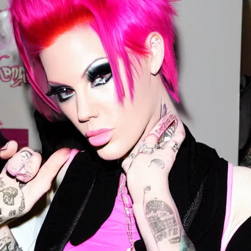 Prompt: photo of jeffree star in the 2 0 0 0 s with pink red hair holding flip phone