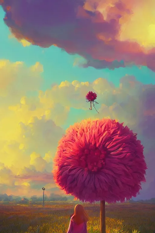 Image similar to closeup, giant flower as a head, girl surrounded by djungle, surreal photography, golden hour, colorful clouds, impressionist painting, digital painting, artstation, simon stalenhag