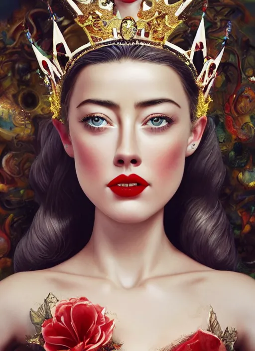Image similar to closeup face profile portrait of tin toy amber heard as a fairytale princess wearing a crown eating cakes, bikini, depth of field, zeiss lens, detailed, symmetrical, centered, fashion photoshoot, by nicoletta ceccoli, mark ryden, lostfish, breathtaking, 8 k resolution, extremely detailed, beautiful, establishing shot, artistic, hyperrealistic, octane render