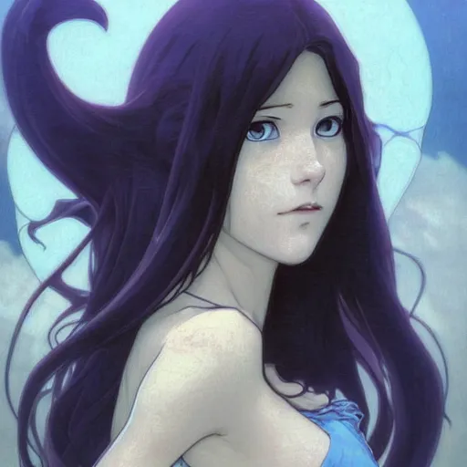 Image similar to intricately detailed vfx portrait of marceline by eiichiro oda!, makoto shinkai, alphonse mucha, art by artgerm and greg rutkowski!, blue eyes!!, large aquiline nose!!, best of behance, concept art, matte, sharp focus, adolphe bouguereau, annie leibovitz, stanley kubrick,