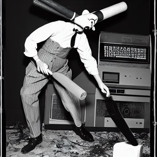 Prompt: a photograph of a man destroying a computer with a baseball bat, by gary baseman, robert crumb, jim henson, photorealistic, surreal, high contrast, film photography