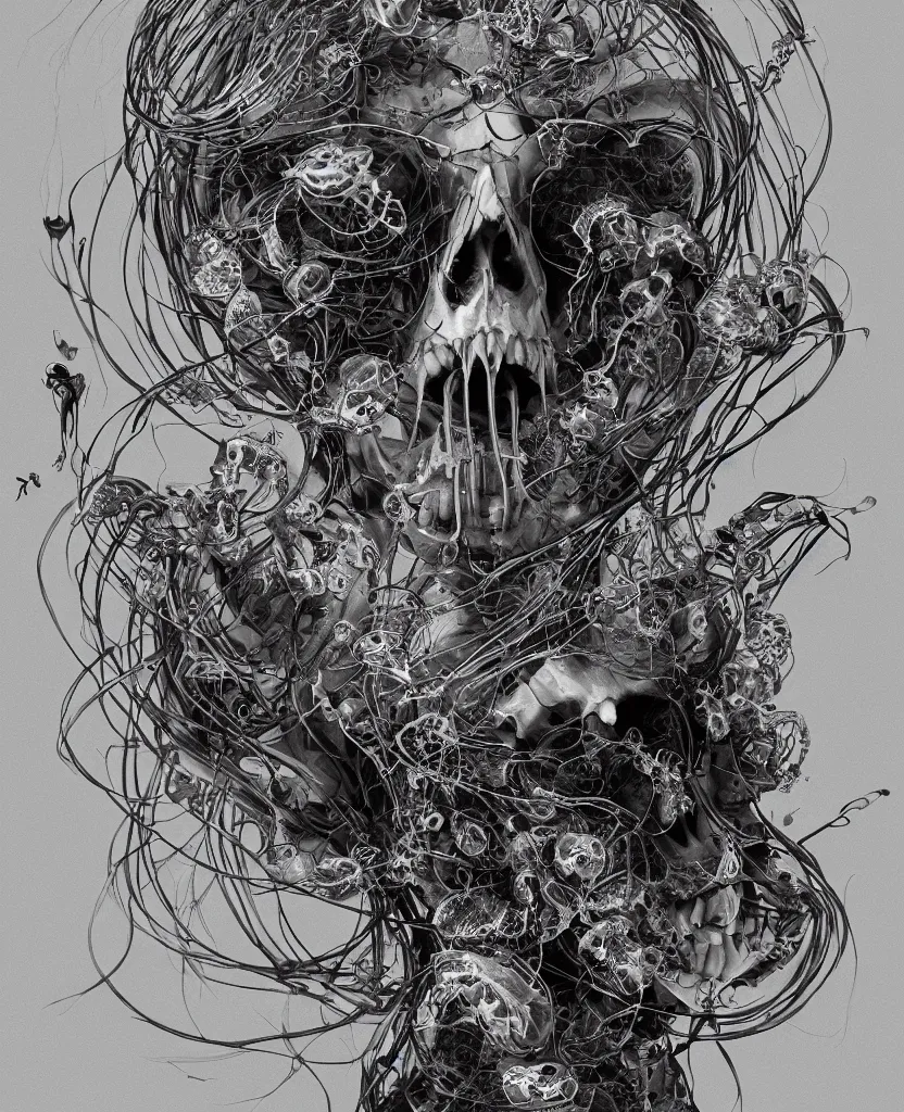 Image similar to close-up portrait goddess skull, thorax, x-ray, backbone, jellyfish phoenix head, nautilus, orchid, skull, betta fish, bioluminiscent creatures, intricate artwork by Tooth Wu and wlop and beeple. octane render, trending on artstation, greg rutkowski very coherent symmetrical artwork. cinematic, black and white, contrast, hyper realism, high detail, octane render, 8k