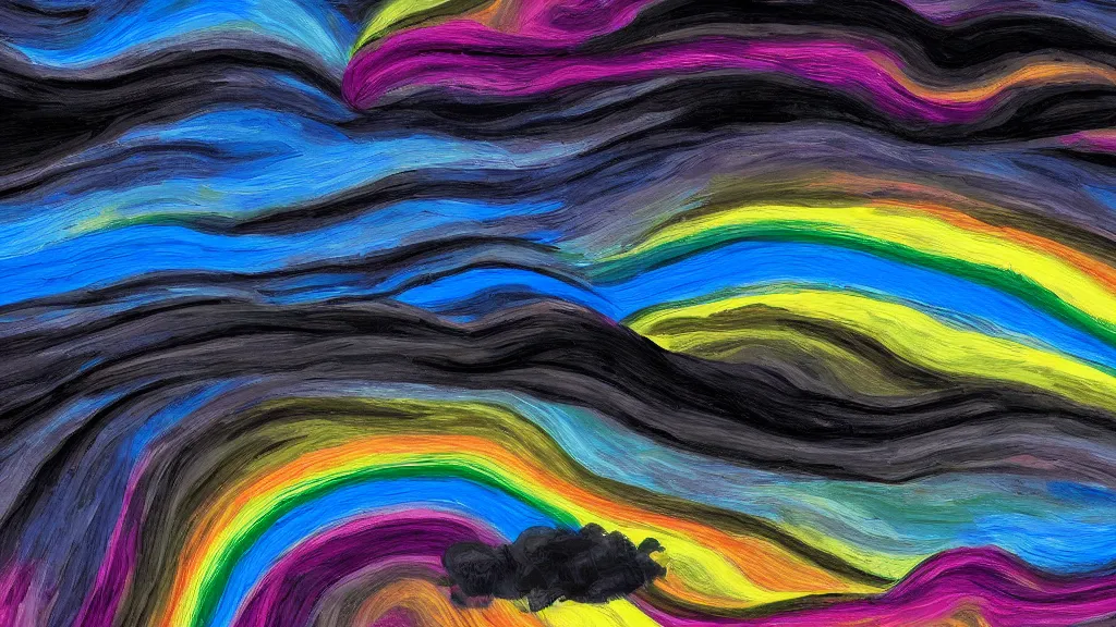 Prompt: digital painting of twisting rainbow in black sky. black puffy clouds. slanting rain.