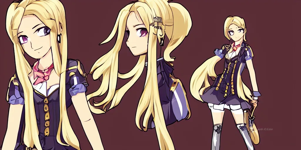 Image similar to visual novel character sprite of a blonde haired steampunk detective girl, 2 d,