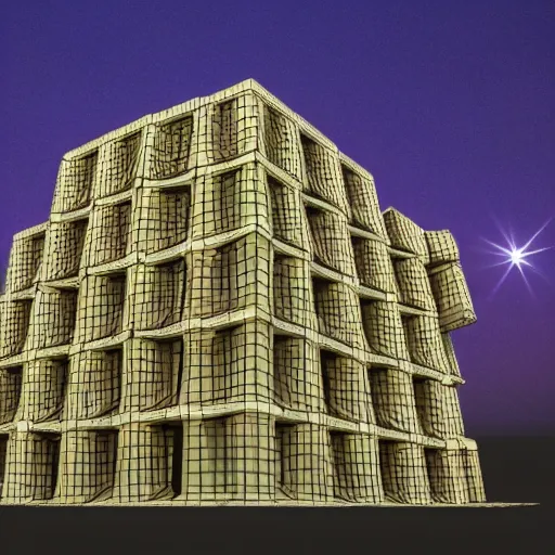 Prompt: 3 d rendering of menger sponge, the size of a building, dramatic lighting, with lights on in the windows