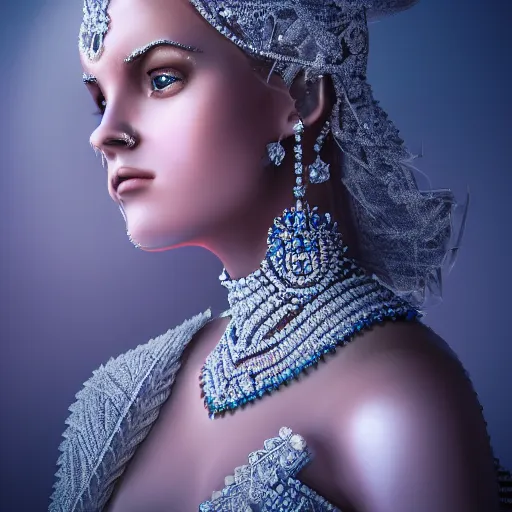 Image similar to portrait of wonderful princess of diamond with fair skin, ornate with diamonds, 8 k, gorgeous, intricate, detailed, glowing white accent lighting, dramatic lighting, octane render